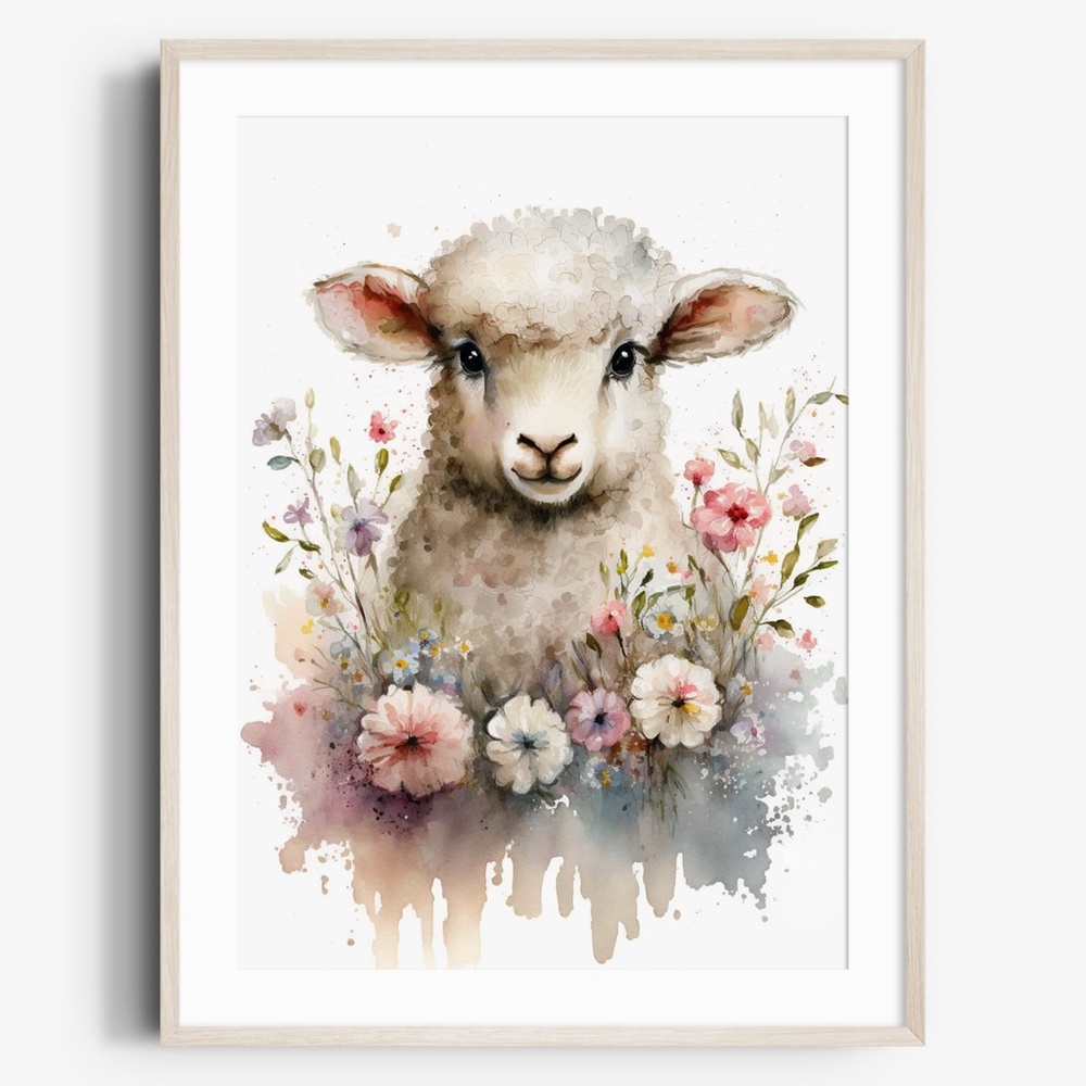 Watercolor Cute Floral Sheep Lamb Wall Art Illustration Print Poster Unframed